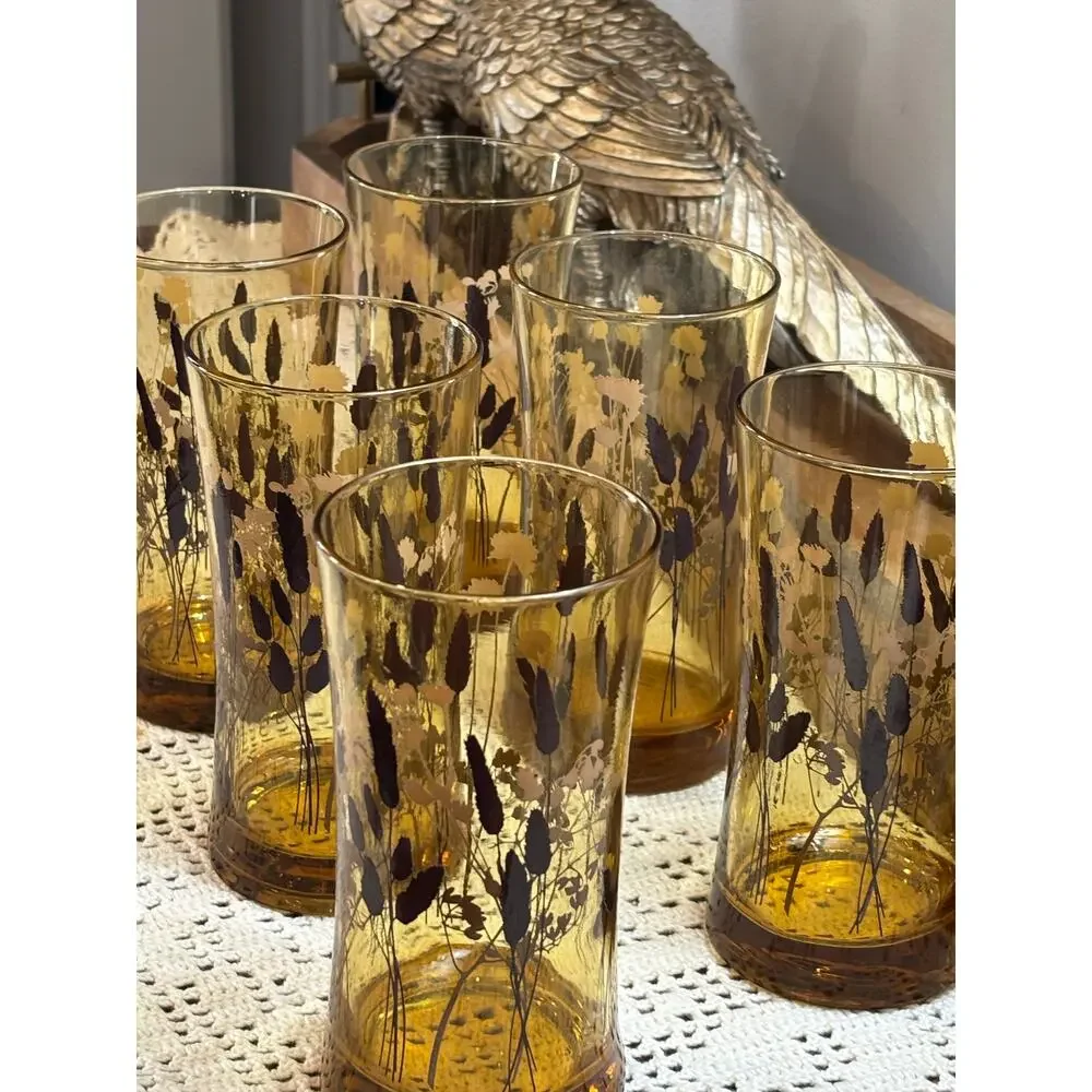 Mid century modern barware Federal Glass interlude highball‎ glasses amber tint